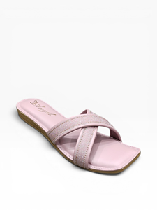 Sandales plates à lanières croisées scintillantes rose clair pour femmes, chaussures décontractées à bout ouvert, style tendance pour dames - Product Image 4