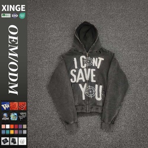 Nouvelle Arrivée 2025 – Sweat à Capuche Oversize Rétro Délavé et Vieilli, Imprimé, avec Patch Brodé Personnalisé et Fermeture Éclair, Coupe Boxy - Product Image 1