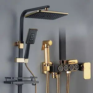 Cross-border Luxury Copper Shower Bathroom Button Shower Black Gold Shower Set