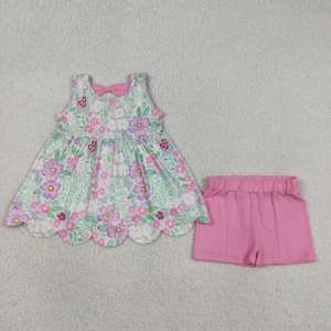 Conjunto sin mangas para niña GSSO3385 rts Little Active Girl con estampado de flores, lazos rosas y volantes, venta al por mayor para niños - Product Image 2