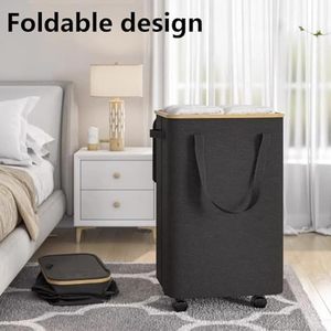 ตะกร้าผ้าพับได้แบบมีล้อ ขนาดใหญ่ ความจุเยอะ ผลิตจากผ้าแคนวาสอ็อกซ์ฟอร์ด พร้อมห่วงไม้ไผ่ รับทำโลโก้ตามสั่ง ขายส่ง - Product Image 2