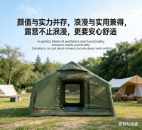 Tente de camping gonflable automatique portable en coton de 12,96 m², tente de luxe pour le glamping, résistante au vent, imperméable, résistante au froid, tente d'extérieur