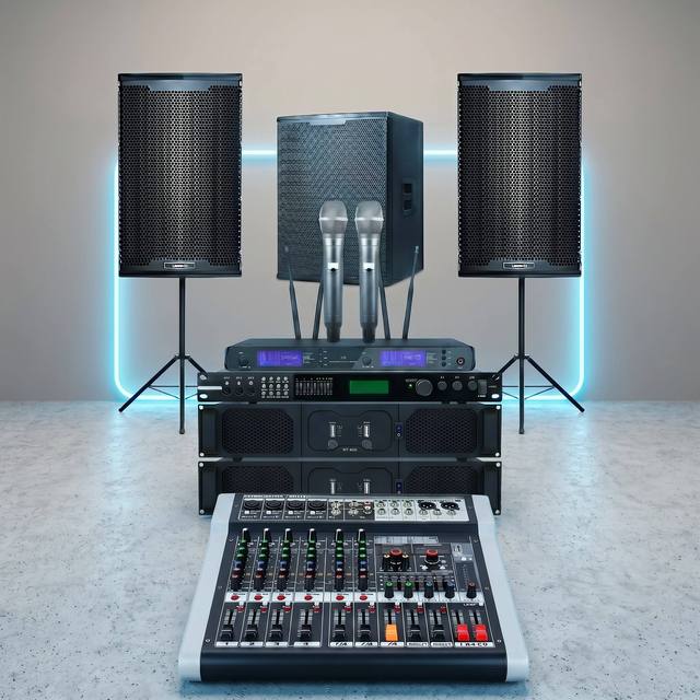 Commercial Karaoke Sound System 8/10/12 Inch Wood Speaker Set 1000W DSP Amplifier Surround Sound Wireless Microphone Gym Cafe