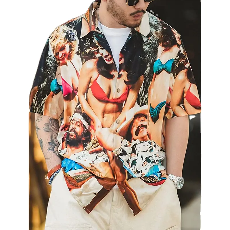 DiZNEW Comfortable Custom Cuban Collar Casual Shirt Hawaiian Style Casual Men's Printing Beach Cardigan Short Sleeve