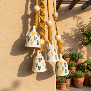 Cloche murale en céramique faite à la main avec imprimé cœur jaune et gris et perles en bois, décoration rustique de Noël - Product Image 6