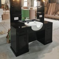 Mobilier de salon professionnel noir brillant, station de lavage de cheveux avec miroir lumineux et armoire de rangement, unité de lavage pour salon de coiffure