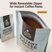 Sachet de café instantané à fond plat imprimé sur mesure avec fermeture éclair pour granulés de café lyophilisé et emballage de vente au détail à marque privée