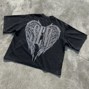 เสื้อยืดสตรีทแวร์วินเทจประดับเพชร ลายพิมพ์กราฟิกขนาดใหญ่ สไตล์ดิสเทรส คุณภาพสูง ซักย้อมสีแบบแอซิดวอช สำหรับผู้ชาย - Product Image 2