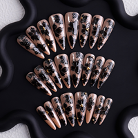 Faux ongles longs, pointus et larges, couleur nude, à presser, motif floral peint à la main, vente chaude, amovibles, pour usage quotidien féminin
