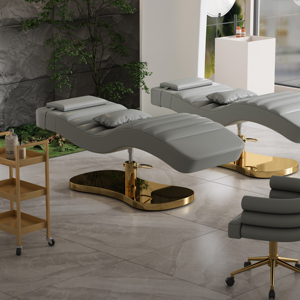 Muebles de Salón de Belleza Modernos de Lujo y Alta Calidad, Cama de Spa Facial de Cuero Marrón, Base de Acero Inoxidable, Cama para Pestañas, Cama de Belleza Curva - Product Image 4