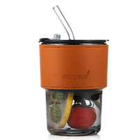 Gobelet de voyage en verre pour café avec logo personnalisé, manchon en cuir résistant à la chaleur, couvercle et paille, 301-400 ml, sans BPA, anti-fuite