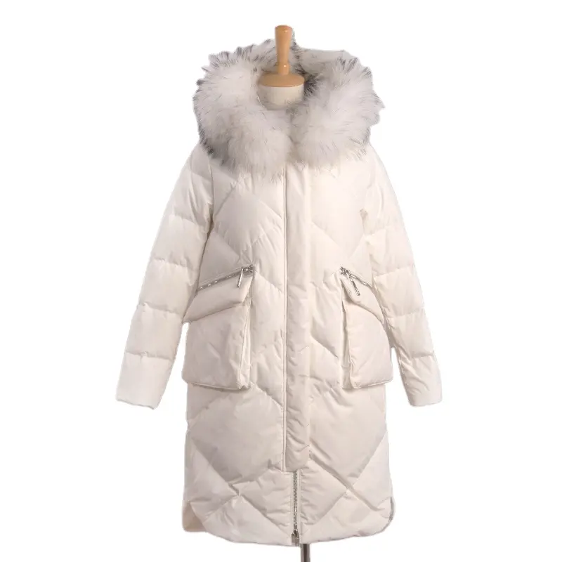 Manteau Long pour femme, MH-467 duvet de canard, blanc, neige, grandes poches, veste, offre spéciale