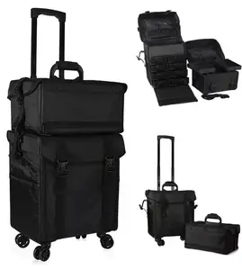2 in 1 bagaj kozmetik depolama bölmeleri ile tekerlekli makyaj çantası seyahat alüminyum kozmetik seyahat çantası naylon büyük çanta