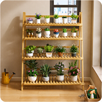 Étagère à fleurs pliante en bambou à 4 niveaux, étagère à plantes en forme d'échelle avec garde-corps pour l'intérieur, l'extérieur, la terrasse, le jardin, le balcon