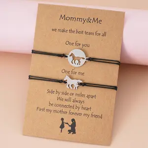 2Pcs/Set New Horse Mommy & Me Card Bracelets Best Friendship Stainless Steel Handmade Birthday Gift Mother's Day Jewelry