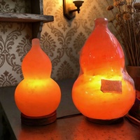 Lampe de sel de l'Himalaya en forme de gourde avec lumière chaude à intensité variable, base en bois, cristal naturel pour la guérison