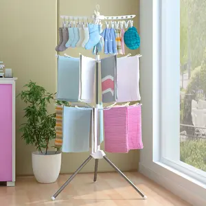 New Creative Products Towel Rack Rotating Collapsible Laundry Hanger 2/3 Tier Folding Kids Cloth Drying Rack For Home