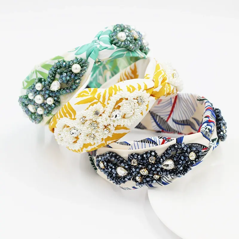 New Style Korean Fashion Cross Knotted Flower Pattern Headbands Quality Big Rhinestone Crystal Beads Hair Accessories