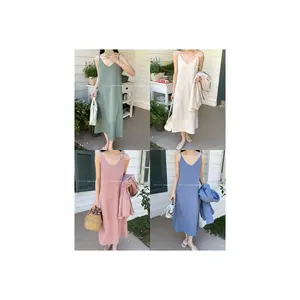 Gaun suspender elegan gaya Korea, gaun Spaghetti Slip sederhana dan segar untuk musim semi