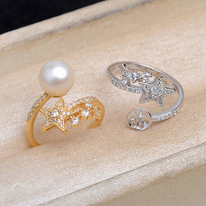 Support de bague ouvert en argent 925 pour accessoires DIY, pentagramme, pour perles de 8-10 mm, vide, 5814, pour la fabrication de bijoux - Product Image 1