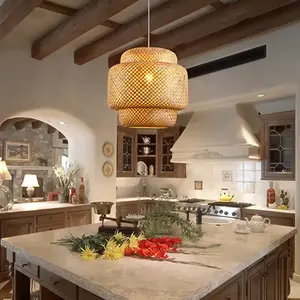 Lampadario Artigianale a Sospensione Intrecciato per Isola Cucina Sala da Pranzo Soggiorno Portico Lampada a Sospensione in Bambù Paralume in Vimini Rattan - Product Image 4