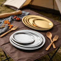 Plateau de service ovale doré FLEY, motif uni, acier inoxydable, vaisselle moderne au design minimaliste, service de restauration et de banquet