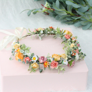 Simulation directe d'usine guirlande florale orange fête féerique coiffure de vacances papier rose bandeau couronne - Product Image 3