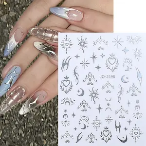 Glitter Silver Moon Sun Nail Charms Stickers 3D Láser Plata Mariposa Flor Nail Art Sticker