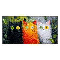 Peinture à l'huile sur toile peinte à la main, trois chats mignons, feuilles vertes, texture épaisse, art mural encadré, 50 x 100 cm, décoration de salon