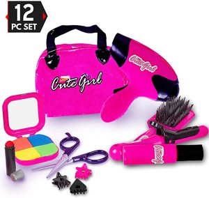 Conjunto de salón de belleza para niños, juguete de simulación de moda con bolsa de cosméticos, secador de pelo, rizador, paleta de rubor - Product Image 6