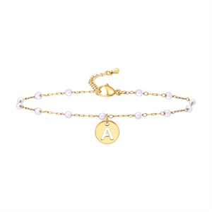 Custom Personalized Jewelry <b>Gold</b> Plated Stainless Steel Hollow Round Letter Pendant Pearl <b>Anklet</b> Bangles - Product Image 1