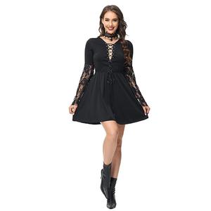 <b>Witch</b> Costume Women Black Lace Dress With Hat And Broom For Halloween Party Cosplay - Product Image 3