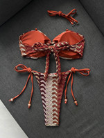 Set Bikini Wanita Bertekstur Dua Warna, Atasan Bandeau, Berhias Manik-manik, Model Cheeky, Ukuran S-L