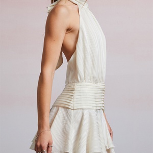 Vestido Mini de Verano 2025 a la Moda para Vacaciones, Ajustado, Plisado, Corto, Sexy, con Espalda Descubierta, Cuello Redondo y Cordones, Estilo Halter - Product Image 3