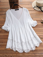 Chemise en dentelle pour femmes, mode d'été, col en V, chemise blanche pour femmes, vêtements de créateur, chemise élégante pour femmes, chemisier pour femmes, taille plus