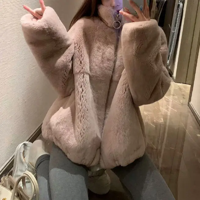 Intero Rex Rabbit Hair stile corto Yong girl's Zipper Stand Collar allentato Soft Feeling Warm Rabbit Fur Coat