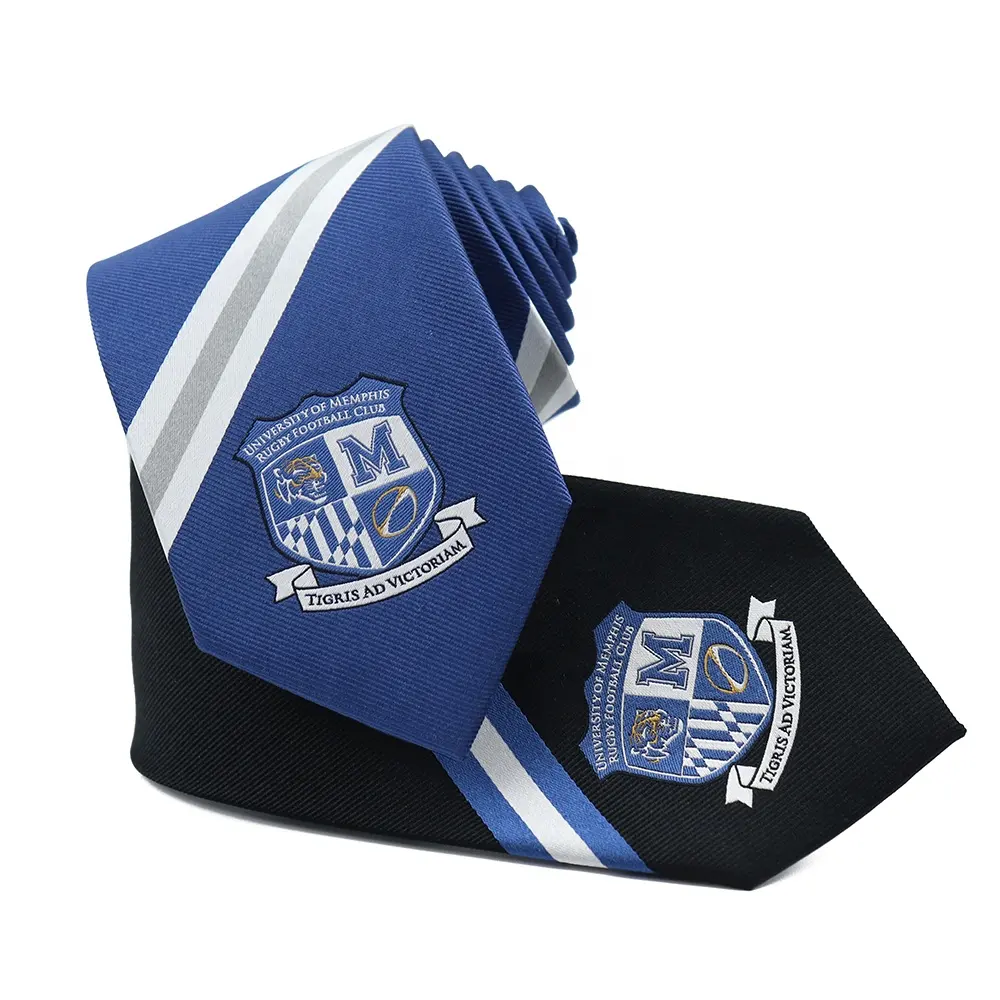 Vendita diretta in fabbrica Business formale nero blu Logo personalizzato tessuto strisce di seta cravatta Set regalo per uomo
