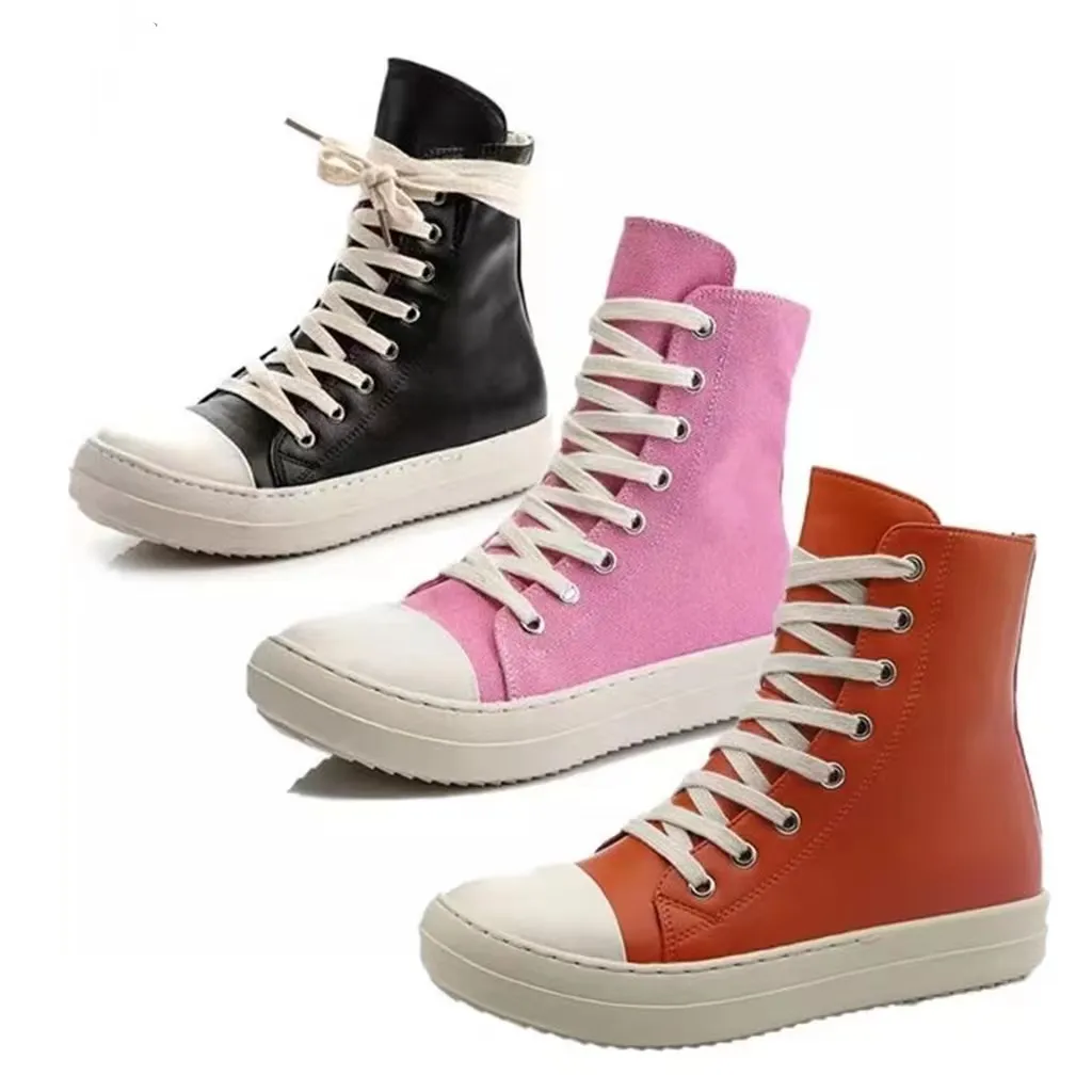 Autumn and winter orange thick soled high top casual shoes candy colored lace up casual shoes leather solid color flat shoes