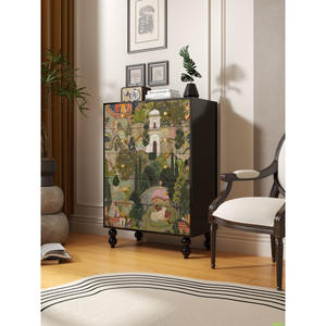 Cómoda de cinco cajones estilo vintage, verde floral, de madera maciza, para sala de estar o dormitorio - Product Image 4