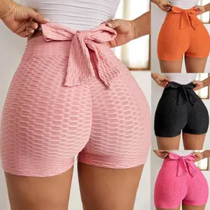 Short de Yoga de levage des fesses pour femmes nœud papillon taille haute contrôle du ventre pantalon chaud texturé sport gymnastique course Shorts de plage