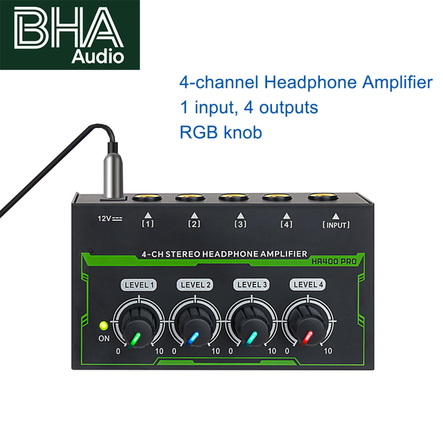 BHA HA400 PRO 4 Channel Headphone Amplifier With RGB Knob Multi Port Audio Headphone Splitter Amplifier for Studio Monitoring