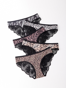 5 cái/gói thấp vòng eo cao chân mở ren trở lại đồ lót báo in Bikini <span class=keywords><strong>knickers</strong></span> cho phụ nữ - Product Image 2