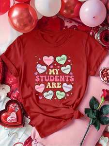 T-shirt per l'insegnante per San Valentino, girocollo, manica corta, tessuto morbido, design a cuore, stampa carina, per donna, abbigliamento primavera-estate - Product Image 3