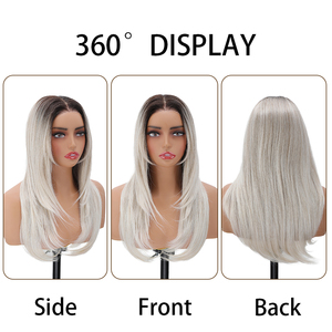 Perruque synthétique HD 13x3, lisse, dégradée, avec frontale pré-épilée, ligne de cheveux naturelle, blanc-brun, ajustable, transparente, pour usage quotidien - Product Image 5