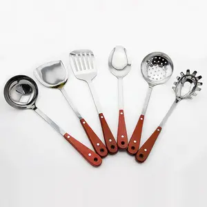 Ensemble de 6 outils de cuisine en acier inoxydable pour la maison cuisson en métal ustensiles de cuisine en bois porte-cuillères fabricants de Chine