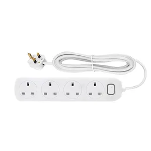 Plastic <strong>Extension</strong> Lead 2M 4 Gang UK Plug <strong>Sockets</strong> <strong>Bar</strong> with 3m Wire Shutter &amp; Children Protection White 13A - Product Image 1