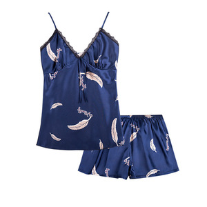 Stylish Elegant Satin Pajama Set Exquisite Prints <b>Spaghetti</b> <b>Strap</b> Camisole Shorts Elastic Waist Quick Dry Smooth Ultimate - Product Image 5