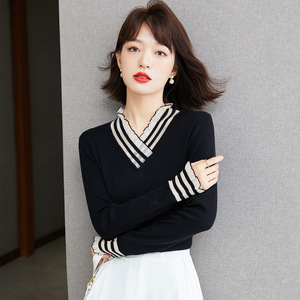 Pull pour femme, coupe ajustée, col en V, tricot fin, bordure à volants, vêtements d'automne et d'hiver - Product Image 2