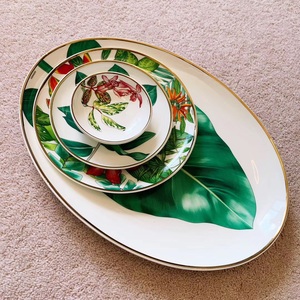Service de table en porcelaine fine Kitchen Royal, motif feuille verte, vaisselle en céramique, bols, assiettes et cuillères, collection Forêt tropicale - Product Image 3