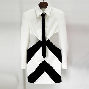 Rayon 2025 kadın kulübü parti önlük kokteyl elbiseleri Mini uzunluk uzun kollu Bodycon beyaz/siyah renk kravat-hollow kontrast - Product Image 6